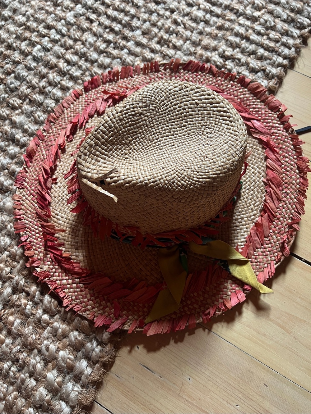 Cha cha House of Ill repute Straw Sun Hat with Pink Trim and Yellow Tie size M